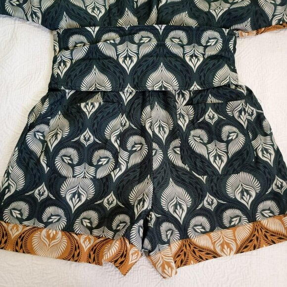 Agua Bendita Womens Boho Romper With Belt Peacock Feather Print Cotton Size M - Picture 8 of 11